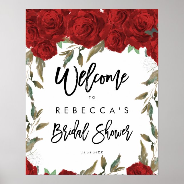 Poster placa de boas-vindas para chá de noiva com rosas v (Frente)
