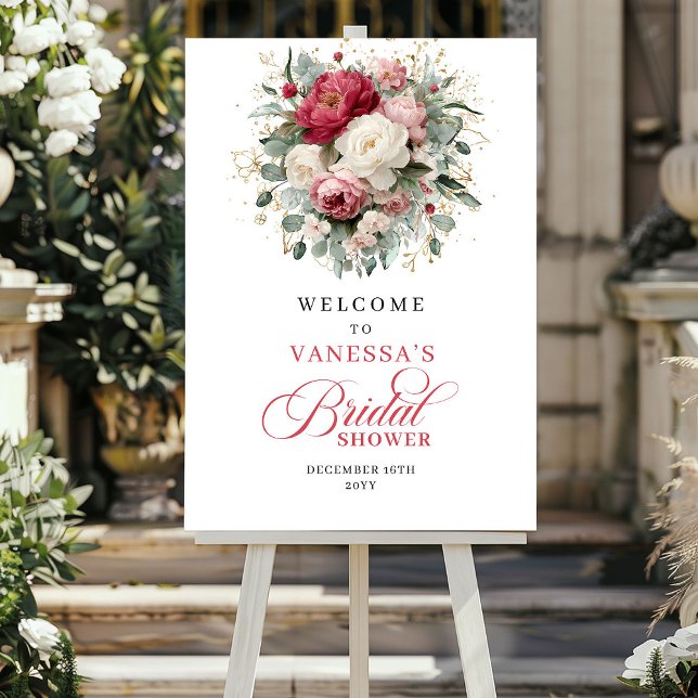 Poster Placa de Boas-Vindas para Chá de Noiva em Dourado  (Burgundy Blush Gold Bridal Shower Welcome Sign)