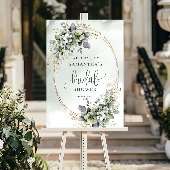Poster Placa de Boas-Vindas para Chá de Noiva em Verde Su (Dusty Green Greenery Bridal Shower Welcome Sign)
