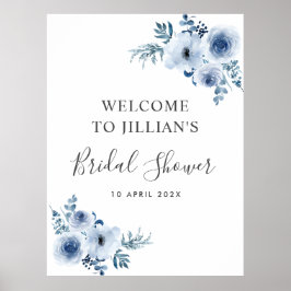 Poster placa de boas-vindas para chá de noiva floral azul