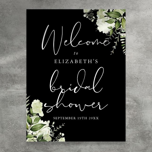 Poster Placa de Boas-Vindas para Chá de Noiva Preto e Bra (Greenery Black White Bridal Shower Welcome Sign)