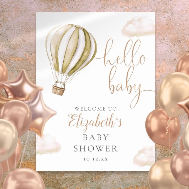 Poster Placa de Boas-Vindas para Chás de Bebê com Balão d (Cute Hot Air Balloon Baby Shower Welcome Sign)