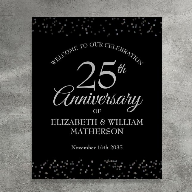 Poster Placa de Boas-Vindas Prata e Preto de 25º Aniversá (25th Anniversary Silver And Black Welcome Sign)
