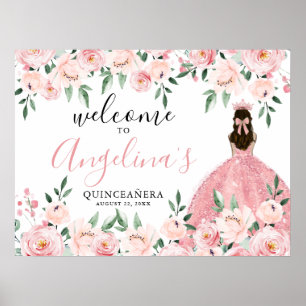 Poster Placa de Boas-Vindas Quinceañera Floral Rosa Corad