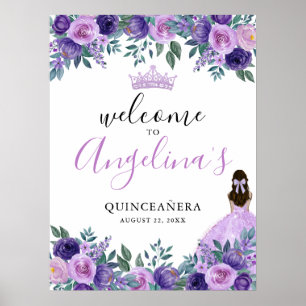 Poster Placa de Boas-Vindas Quinceanera Floral Roxa