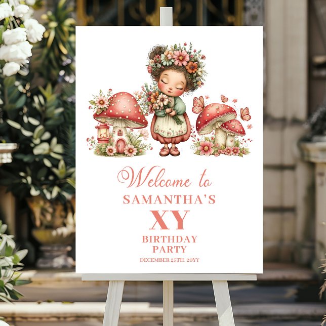 Poster Placa de Boas-Vindas Rosa de 7º Aniversário do Cog (Fairy Mushroom 7th Birthday Pink Welcome Sign)