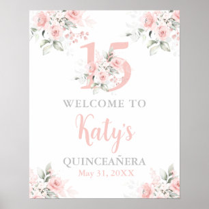 Poster Placa de boas-vindas rosa floral Quinceanera