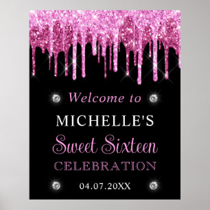Poster Placa de Boas-Vindas Sweet 16 com Brilho Rosa e Pr