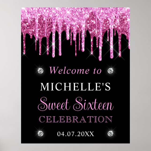 Poster Placa de Boas-Vindas Sweet 16 com Brilho Rosa e Pr (Frente)