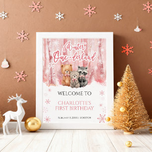 Poster Placa de Boas-Vindas Urso Onederland Inverno Rosa