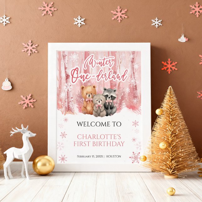 Poster Placa de Boas-Vindas Urso Onederland Inverno Rosa (Criador carregado)