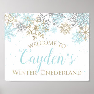 Poster Placa de Boas-Vindas Winter Onederland Azul e Dour