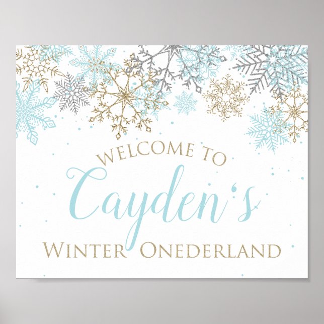 Poster Placa de Boas-Vindas Winter Onederland Azul e Dour (Frente)