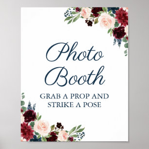 Poster Placa de cabine de fotos de casamento floral Navy