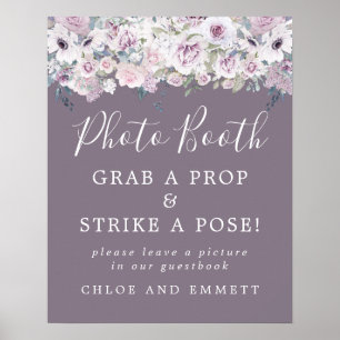 Poster Placa de Cabine de Fotos de Casamento Floral Roxo