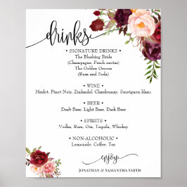 Poster Placa de cardápio de bebidas casamento marsala flo
