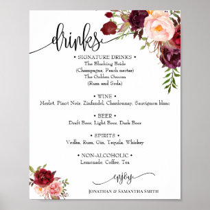 Poster Placa de cardápio de bebidas casamento marsala flo