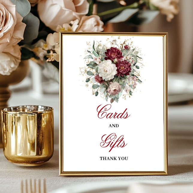 Poster Placa de Cartões e Presentes Bege Burgundy Gracios (Graceful Blush Burgundy Cards and Gifts Sign)