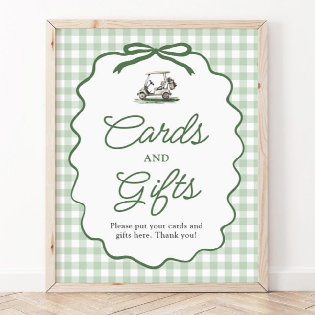 Poster Placa de Cartões e Presentes de Golfe com Laço Xad (Sage Green Gingham Bow Golf Cards and Gifts Sign)