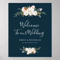 placa de casamento azul floral de magnólia branca
