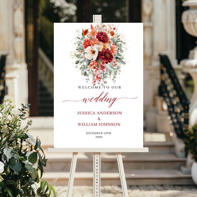 Poster Placa de casamento boho floral de outono em eucali (Burgundy Fall Floral Boho Eucalyptus Wedding Welcome

)