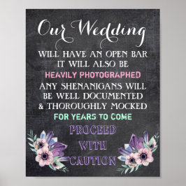 Pôster Placa de Casamento com Bar Aberto em Lousa Floral 