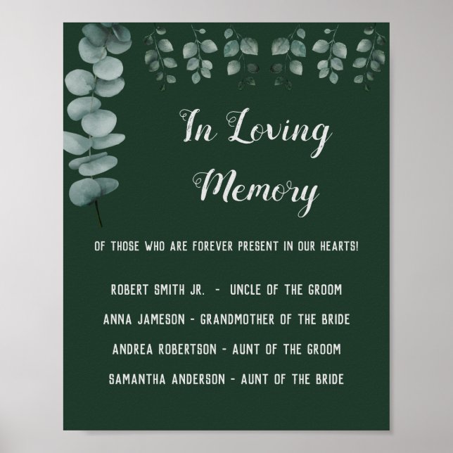 Poster Placa de Casamento com Eucalipto e Verdura em Memó (Frente)
