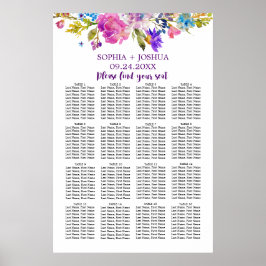 Poster Placa de Casamento das Flores Púrpuras, Rosa e Azu