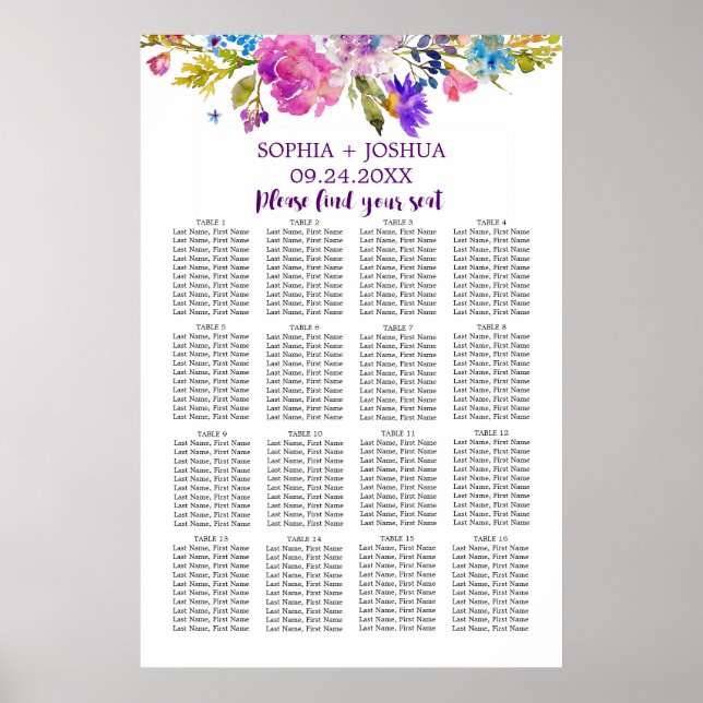 Poster Placa de Casamento das Flores Púrpuras, Rosa e Azu (Frente)