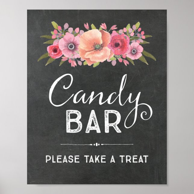 Poster Placa de Casamento de Barra de Doces Floral Aquare (Frente)