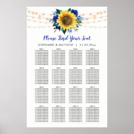 Poster Placa de Casamento de Girassol Floral Azul