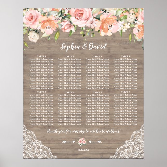Poster Placa de Casamento de Madeira Lace Flores de Blush (Frente)