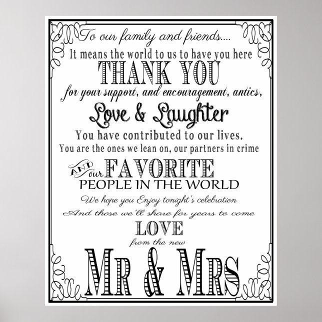 Poster Placa de casamento Obrigado Preto e Branco (Frente)