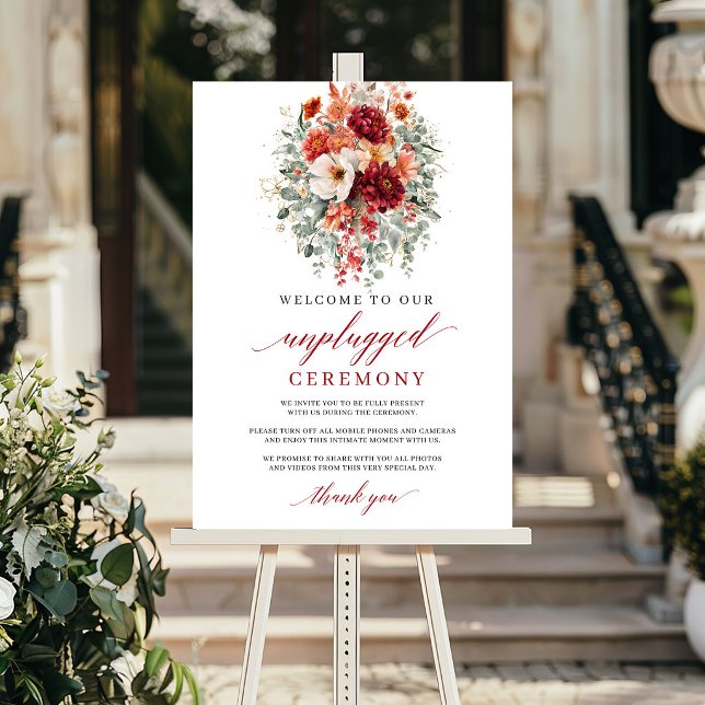 Poster Placa de Cerimônia Desconectada Outono Vermelho In (Rustic Deep Red Autumn Unplugged Ceremony Sign

)