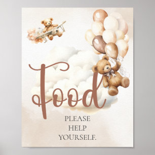 Poster Placa de Chá de Bebê COMIDA SIRVA-SE Urso Balão