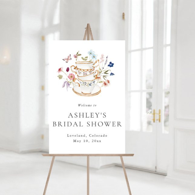 Poster Placa de Chá de Noiva (Elegant Floral Tea Bridal Shower Sign with Butterfly by Painted Paperie
)