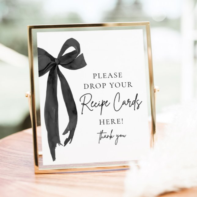 Poster Placa de Chá de Noiva com Cartão de Receita para C (Black Bow Share a Recipe Card Bridal Shower Sign)