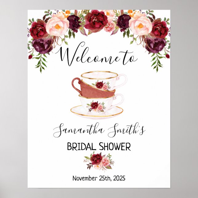 Poster Placa de chá de noiva Marsala floral Bem-vindo (Frente)