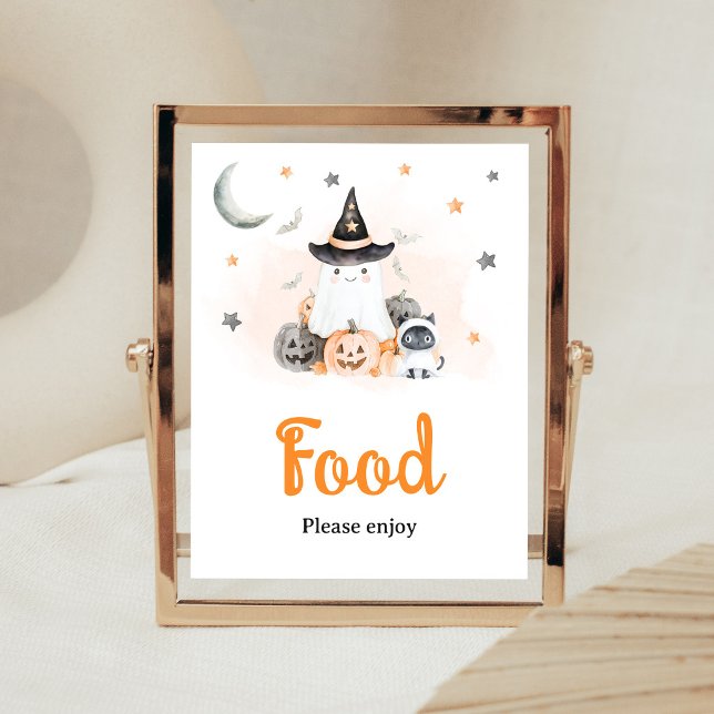Poster Placa de comida de Halloween Laranja Pequeno Boo (Gender Neutral Little Boo Baby Shower Food Sign)