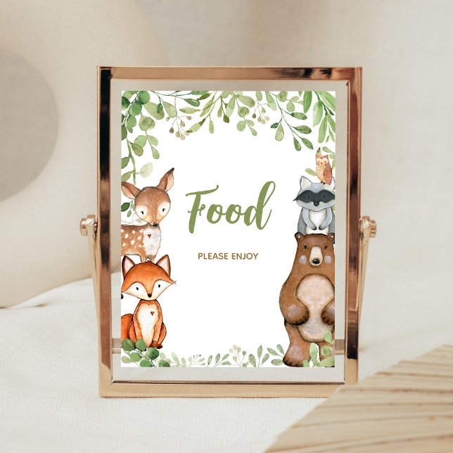 Poster Placa de Comida para Chá de Bebê Floresta Verde (Woodland Animals Baby Shower Food Sign)
