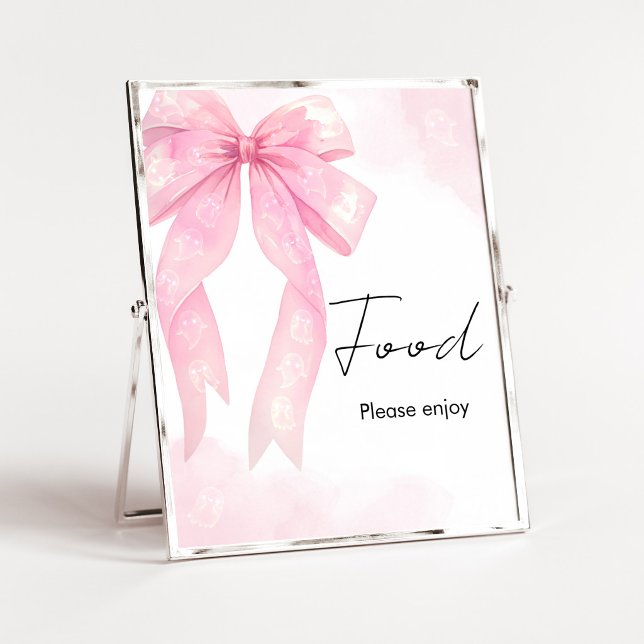 Poster Placa de Comida para Chuvinha de Boo com Laço Rosa (Girl Coquette Halloween Baby Shower Food Sign)