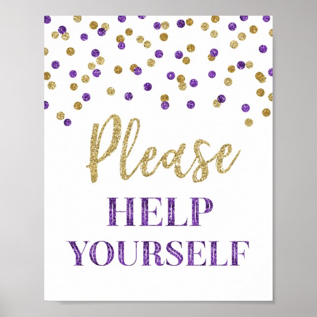 Poster Placa de Confete Dourado Roxo Por Favor Sirva-se (Frente)