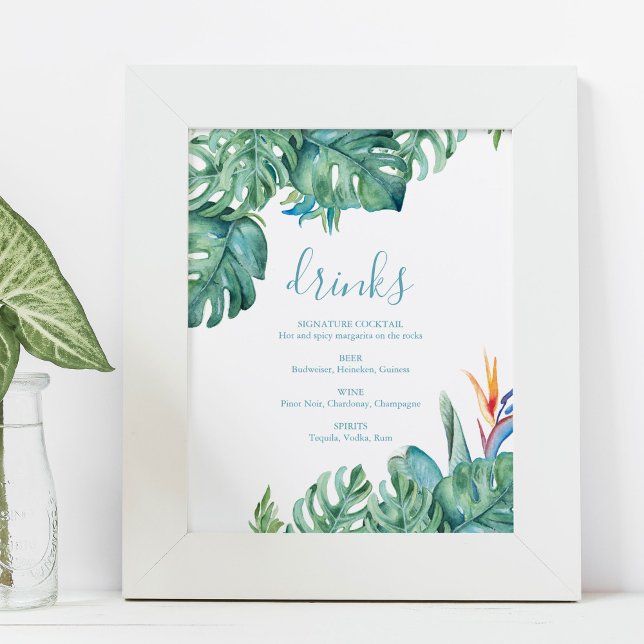 Poster Placa de Coquetéis de Casamento na Praia Tema Trop (Tropical menus signature drink sign features monstera palm leaves and flowers.)