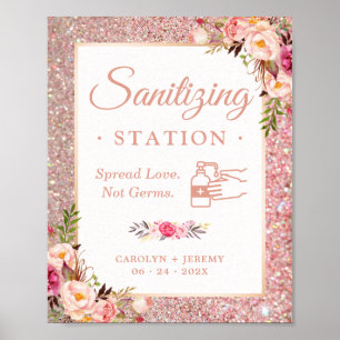 Poster Placa de Estação de Sanitização de Casamento Rosa 