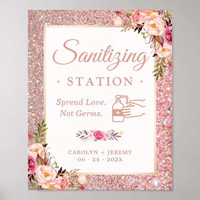 Poster Placa de Estação de Sanitização de Casamento Rosa  (Frente)