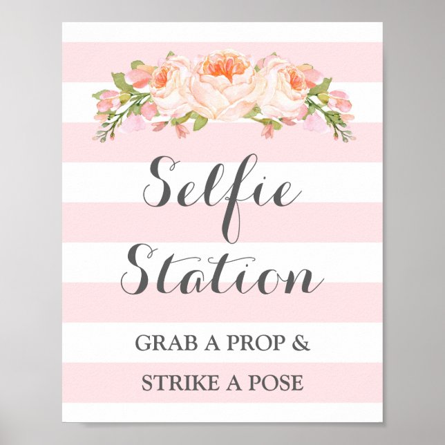 Poster Placa de Estação de Selfie Casamento Flores Rosa L (Frente)