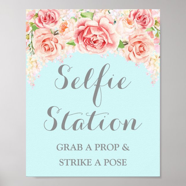 Poster Placa de Estação de Selfie Casamento Rosa Aquarela (Frente)