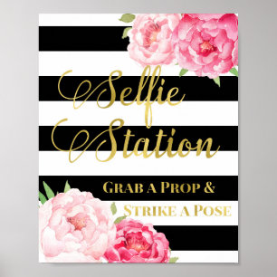 Pôster Placa de Estação de Selfie Rosa Floral Dourado Lis