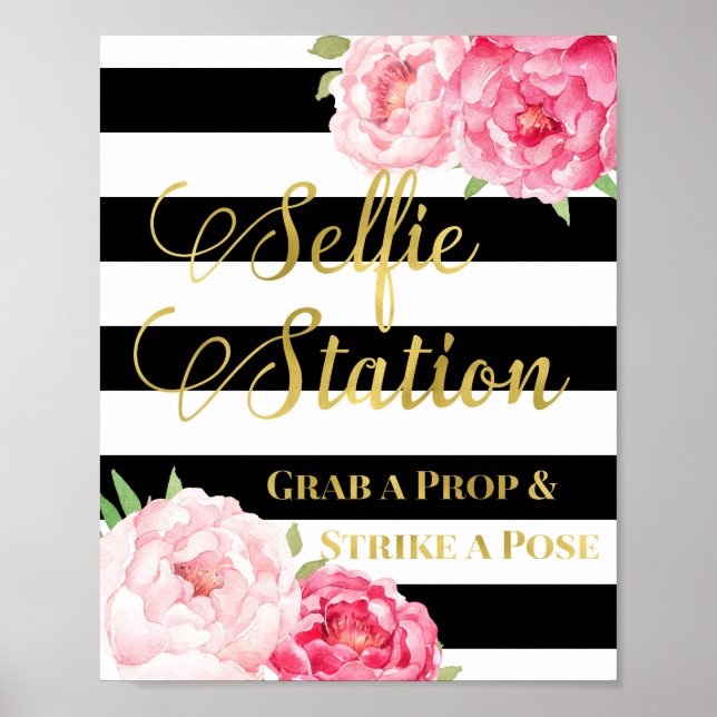 Pôster Placa de Estação de Selfie Rosa Floral Dourado Lis (Frente)
