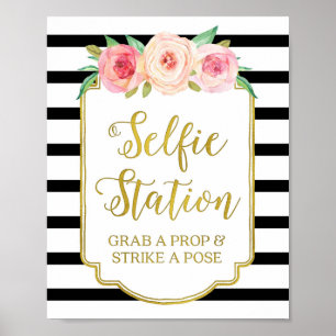 Pôster Placa de Estação de Selfie Rosa Floral Dourado Lis